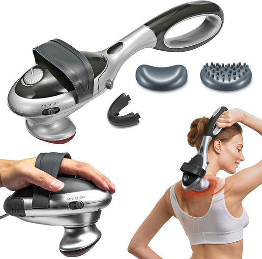  Handheld full body massager for pain and stress relief on back, neck, shoulders, and legs.