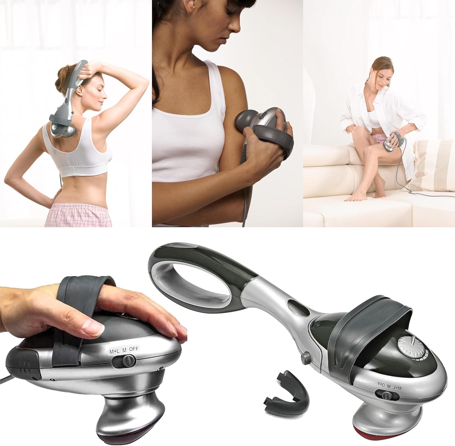  Handheld full body massager for pain and stress relief on back, neck, shoulders, and legs.