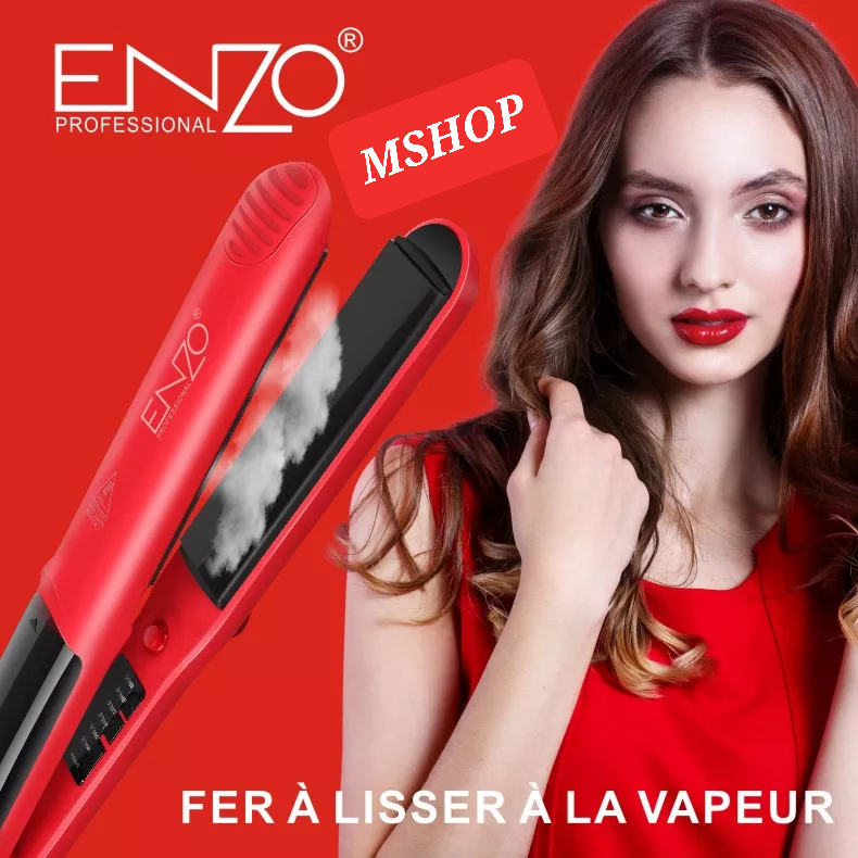 Ceramic titanium plates of the ENZO EN-3999 Ionic Steam Flat Iron for sleek, frizz-free styling.