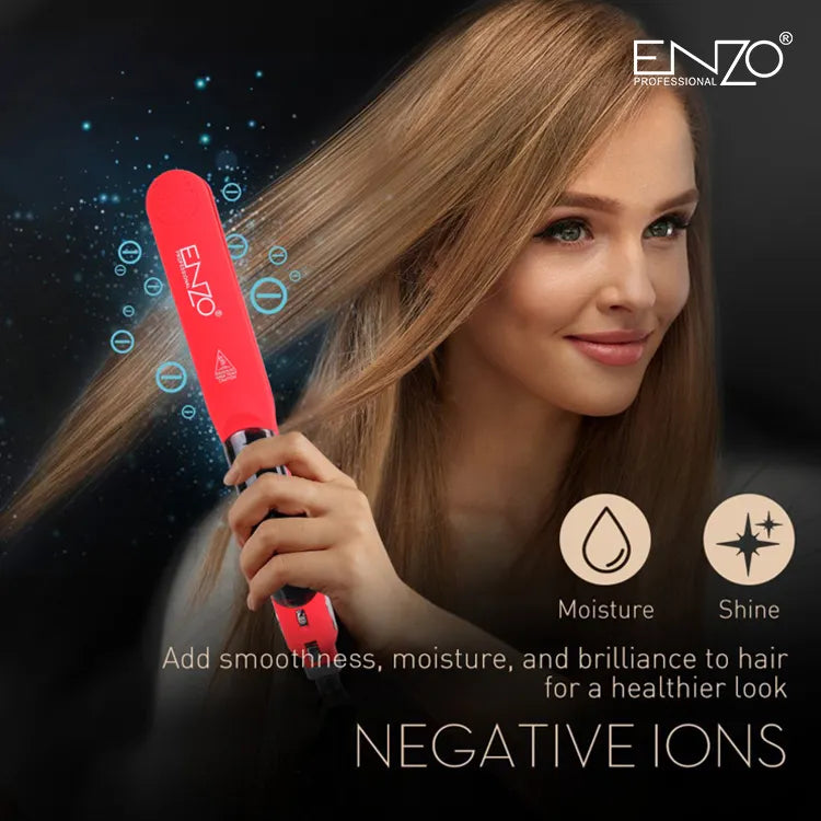 Ceramic titanium plates of the ENZO EN-3999 Ionic Steam Flat Iron for sleek, frizz-free styling.