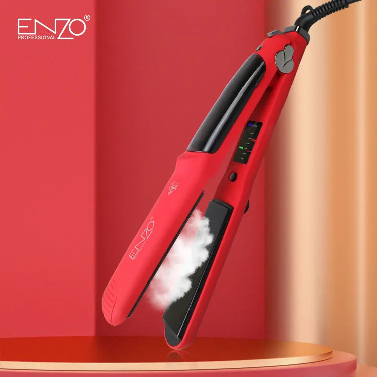 Ceramic titanium plates of the ENZO EN-3999 Ionic Steam Flat Iron for sleek, frizz-free styling.