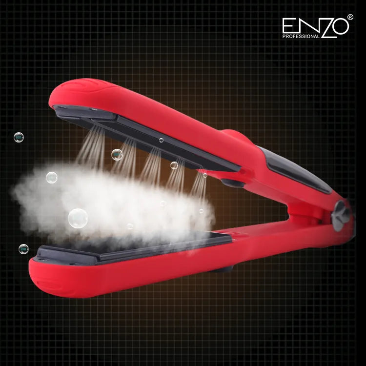 Ceramic titanium plates of the ENZO EN-3999 Ionic Steam Flat Iron for sleek, frizz-free styling.