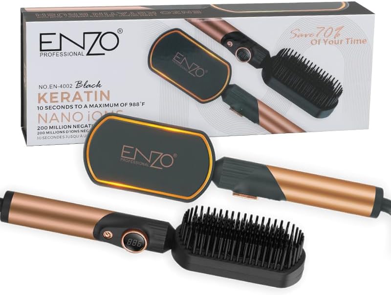 PrecisionWare ENZO EN-4002 Gold Hair Straightener Brush – 3-in-1 styling tool for straightening, drying, and volumizing.