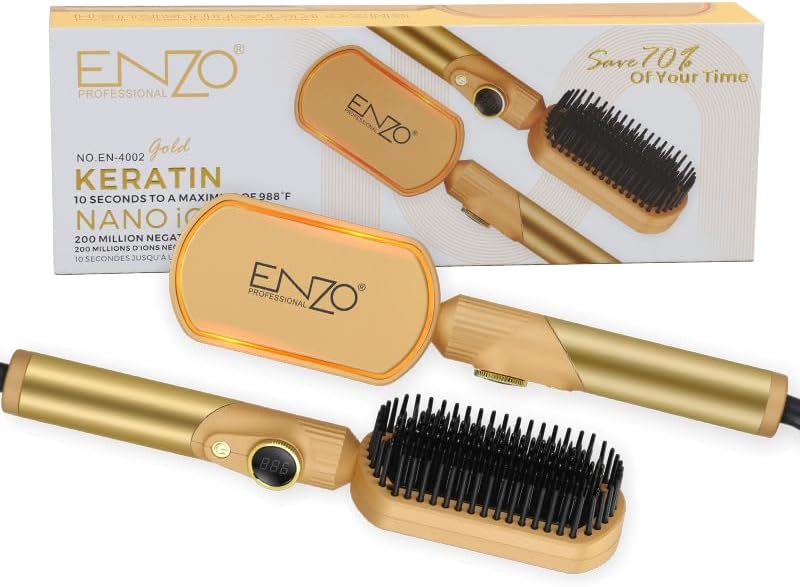 PrecisionWare ENZO EN-4002 Gold Hair Straightener Brush – 3-in-1 styling tool for straightening, drying, and volumizing.