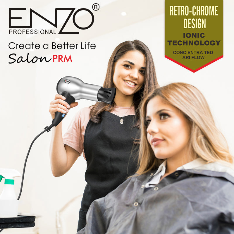 "ENZO EN-8225 Professional Hair Dryer – 2200W Ionic Hair Dryer with diffuser and concentrator attachments."