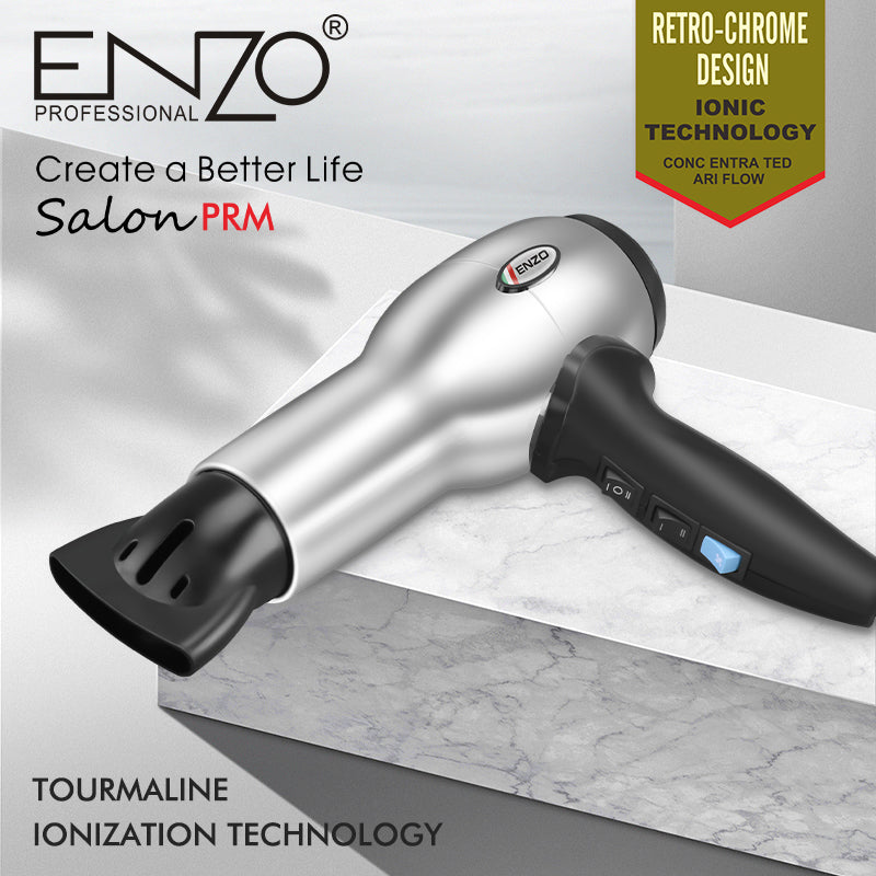 "ENZO EN-8225 Professional Hair Dryer – 2200W Ionic Hair Dryer with diffuser and concentrator attachments."