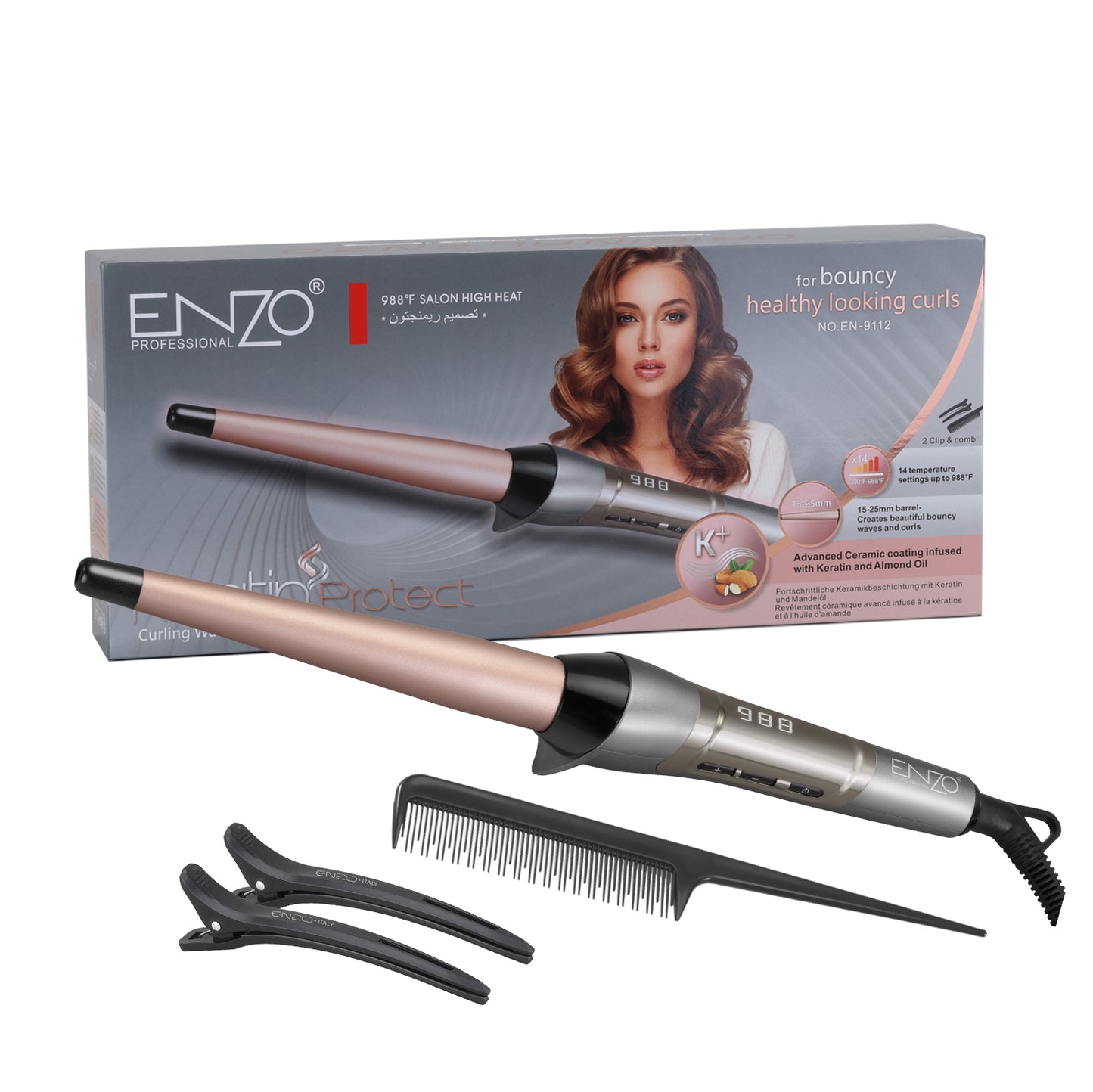 ENZO EN-9112 360° Rotating Hair Crimper and Curling Iron with conical barrel.