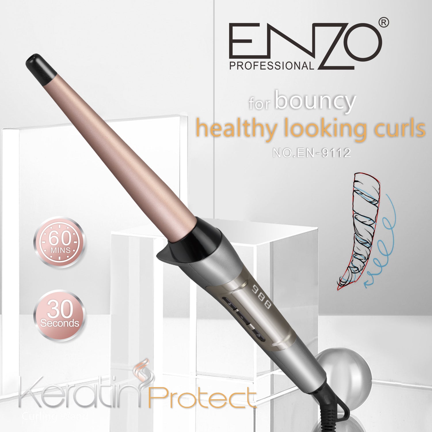 ENZO EN-9112 360° Rotating Hair Crimper and Curling Iron with conical barrel.