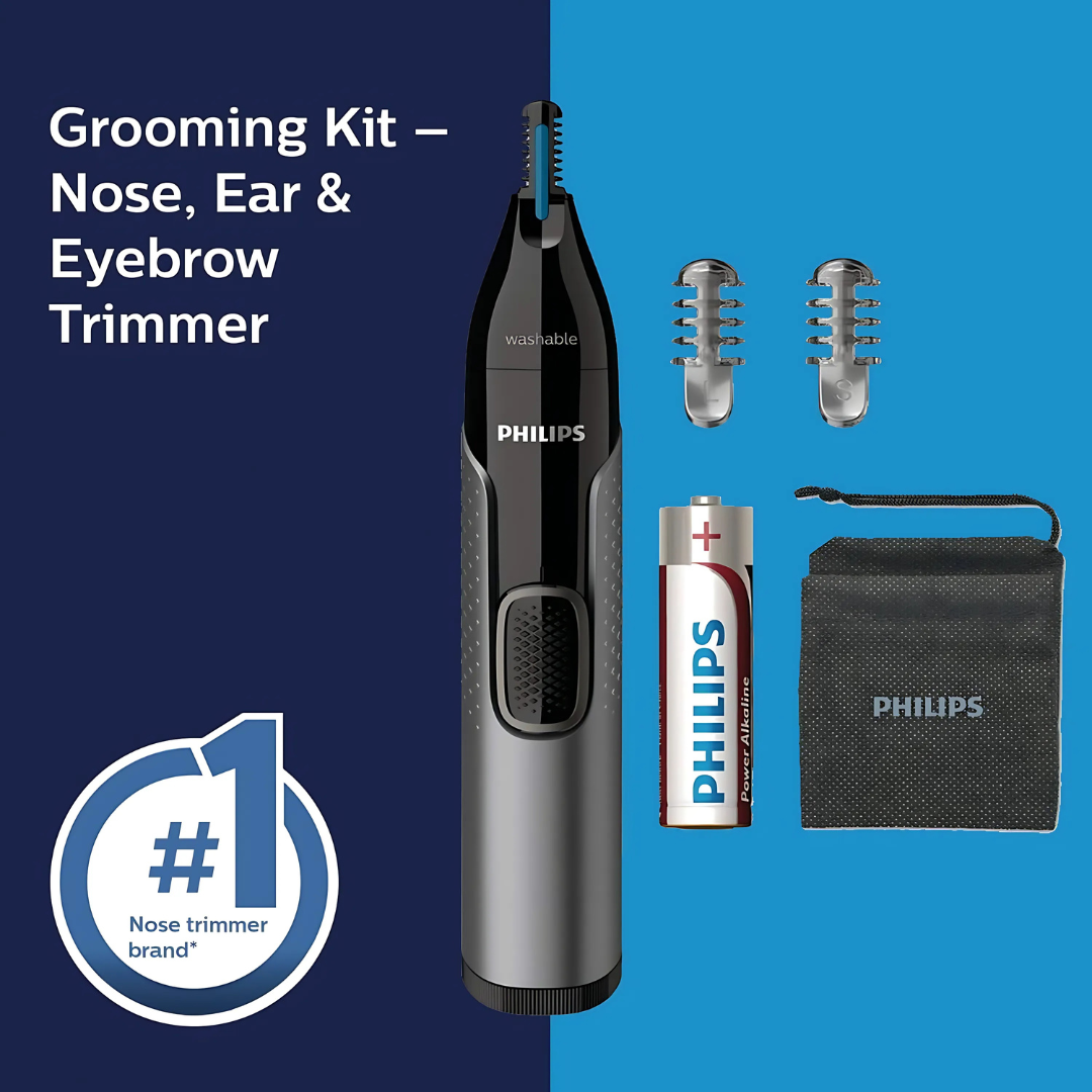 Philips NT3650 trimmer in use for precise grooming of nose and ears