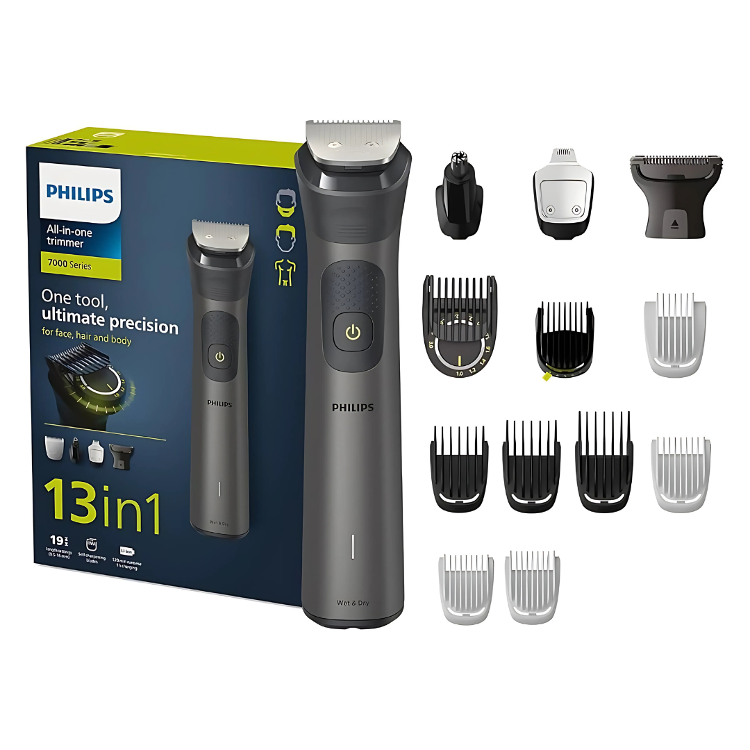 Philips MG7920 all-in-one grooming kit displayed with all 14 tools