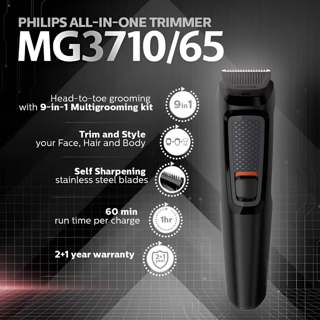 Philips MG3710 6-in-1 grooming kit with attachments displayed