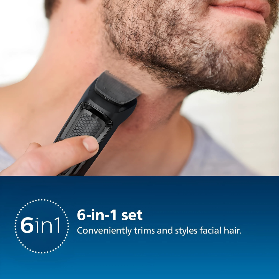 Philips MG3710 6-in-1 grooming kit with attachments displayed