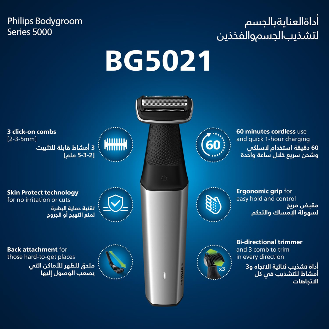 Close-up of Philips BG5021 dual-sided trimmer and foil shaver design