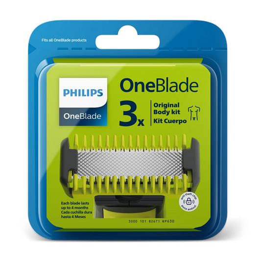 Close-up of Philips QP630 blades with skin-friendly guard for sensitive grooming