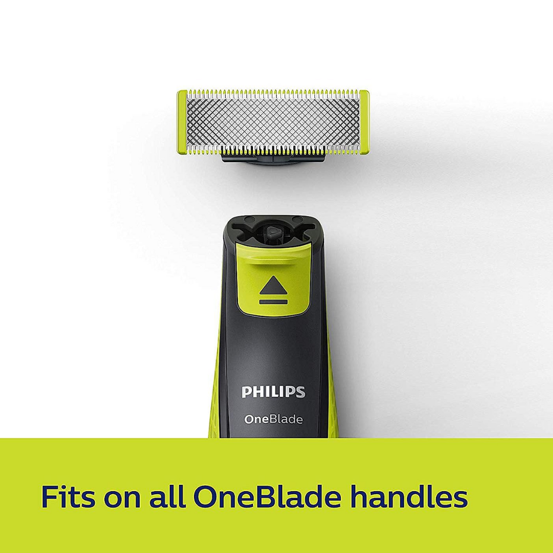 Close-up of Philips QP630 blades with skin-friendly guard for sensitive grooming