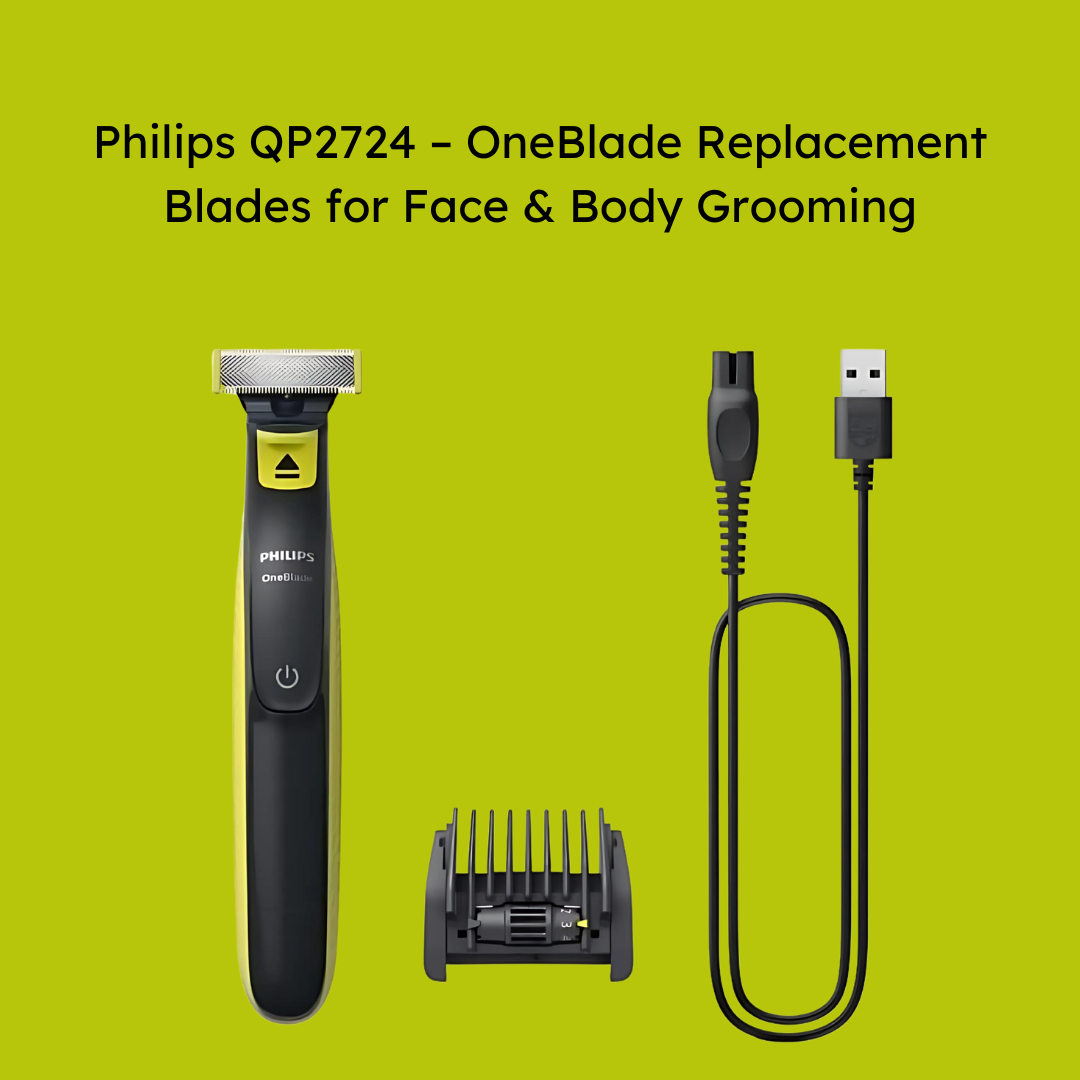 Close-up of Philips QP2724 blades with rounded tips for safe grooming