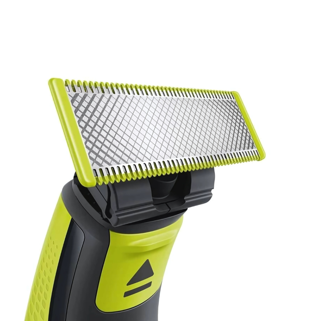 Close-up of Philips QP2724 blades with rounded tips for safe grooming