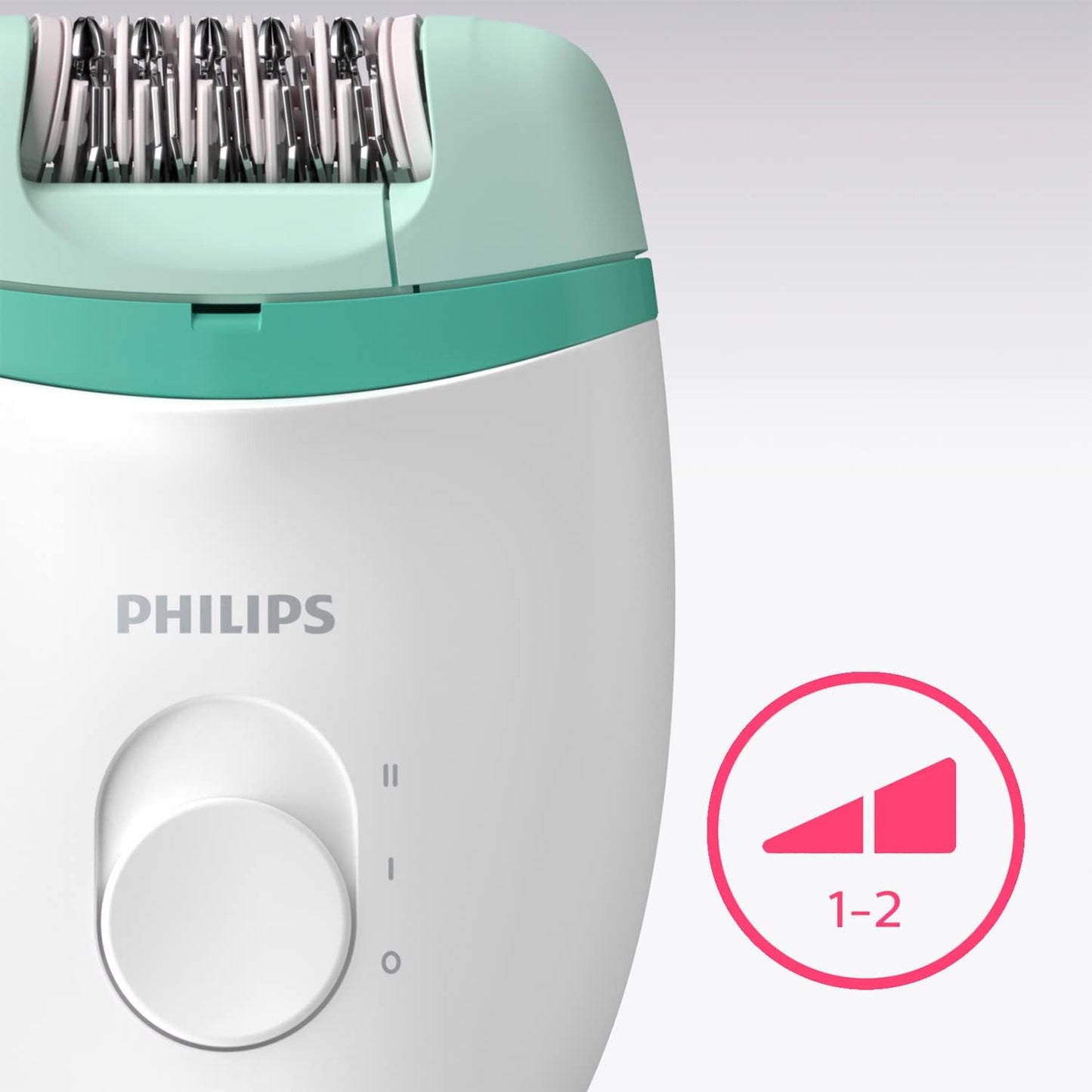 Philips Satinelle Essential Epilator BRE224/00 in white and green for smooth hair removal.