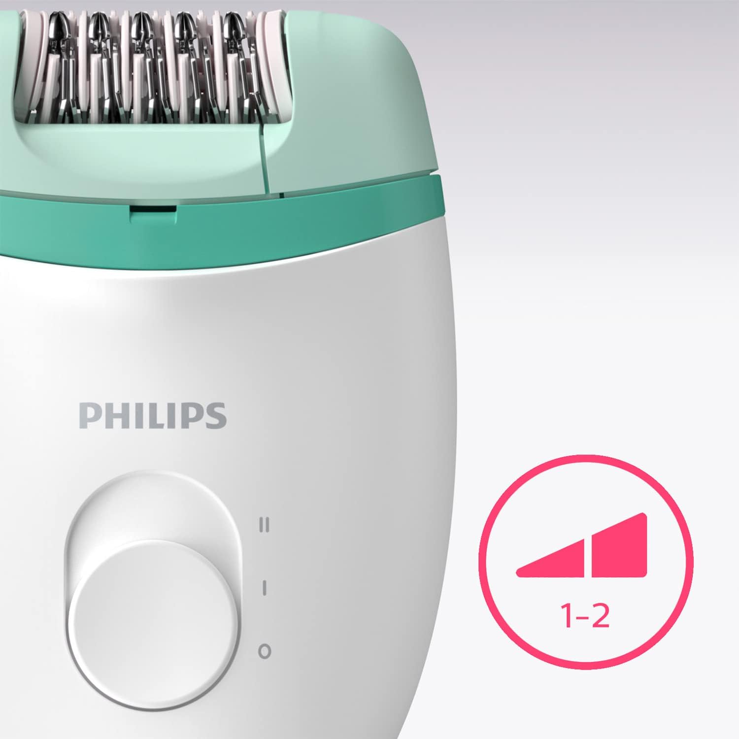 Philips Satinelle Essential Epilator BRE224/00 in white and green for smooth hair removal.