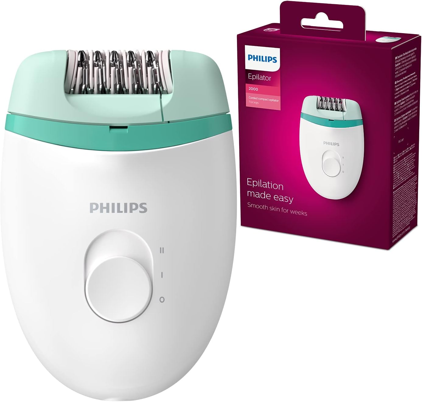 Philips Satinelle Essential Epilator BRE224/00 in white and green for smooth hair removal.