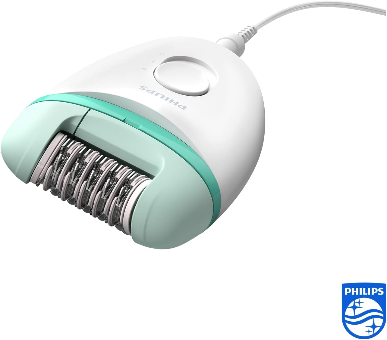 Philips Satinelle Essential Epilator BRE224/00 in white and green for smooth hair removal.