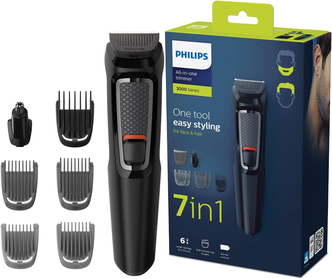 Philips MG3710 6-in-1 grooming kit with attachments displayed